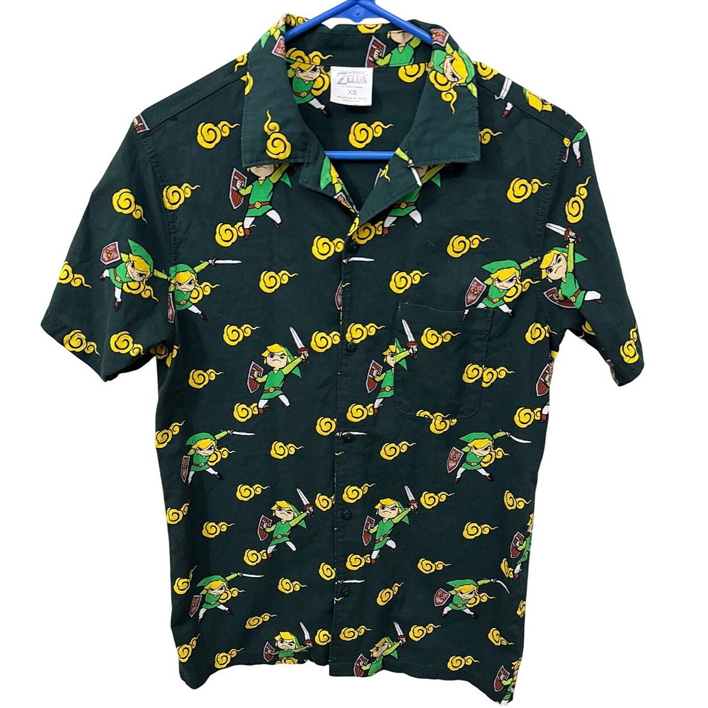 BOXLUNCH Nintendo Legend of Zelda Link All Over Print Button Down Shirt Green XS